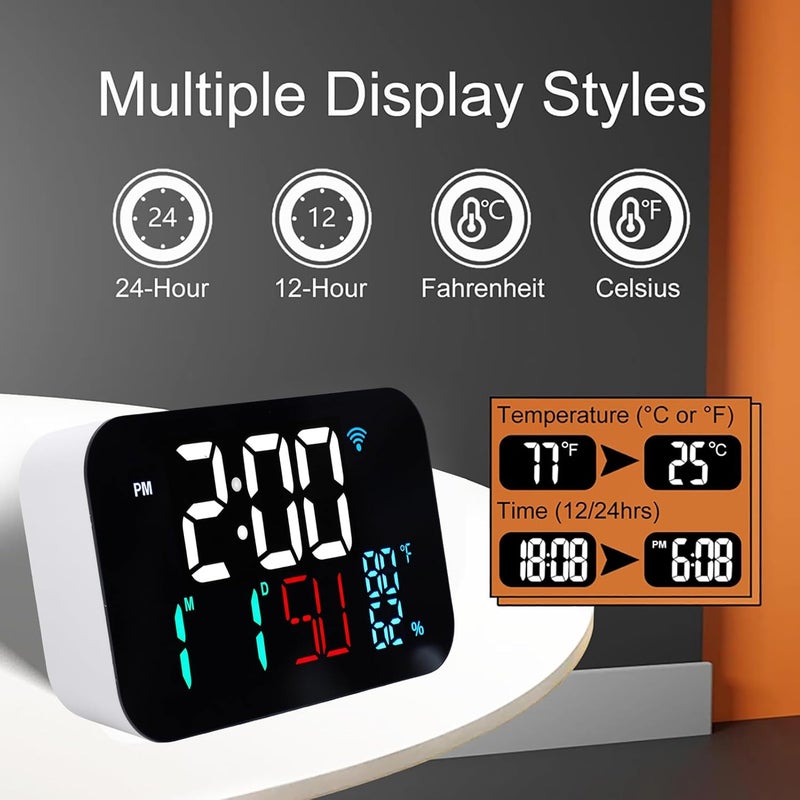 Luocute WiFi Smart Clock, Weather Station Alarm Date Day Large Display Brightness Adjustable Thermometer Humidity Digital Clock Compatible with Tuya Smart App, for Home Office (White Shell- White - Image 2